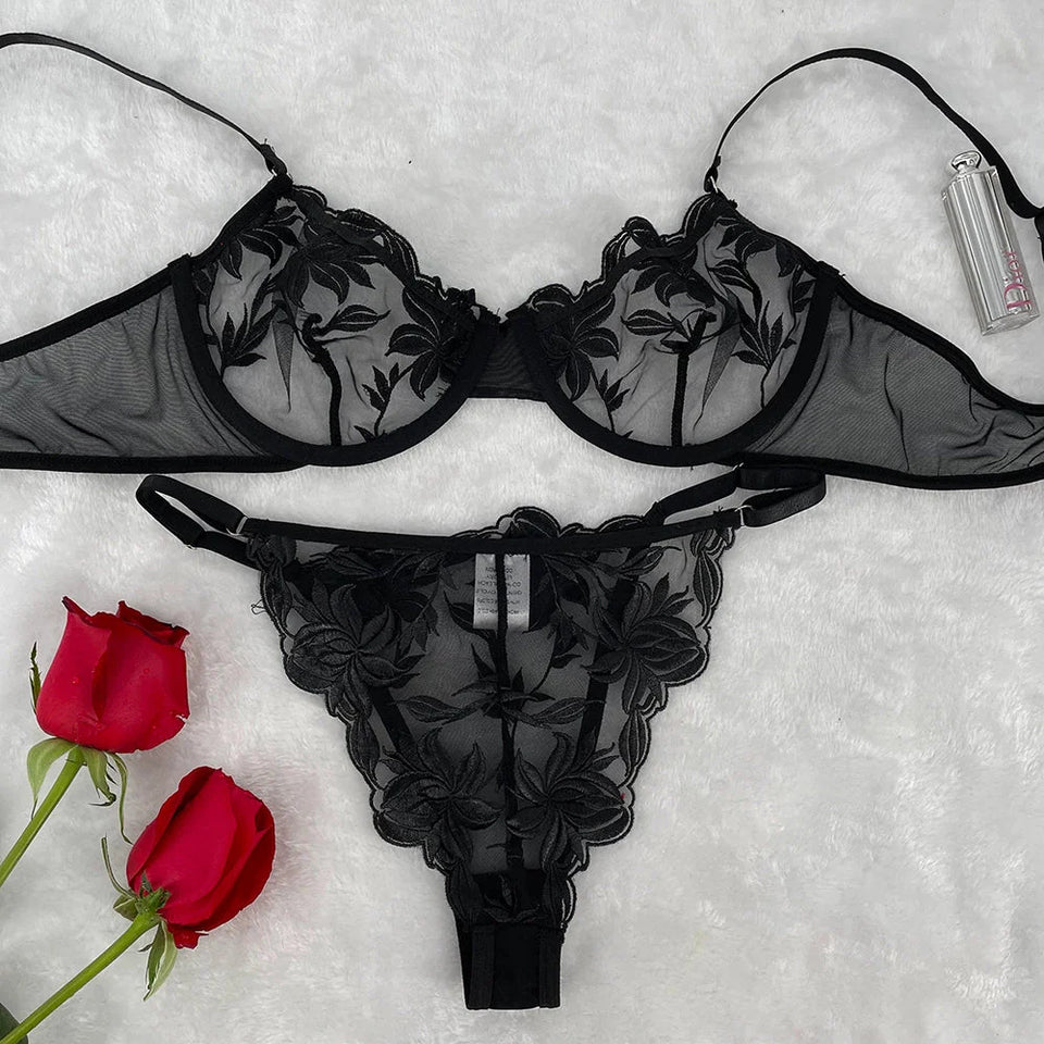 Embroidered Lingerie Set | Sexy Underwear | Black & White Lace Set