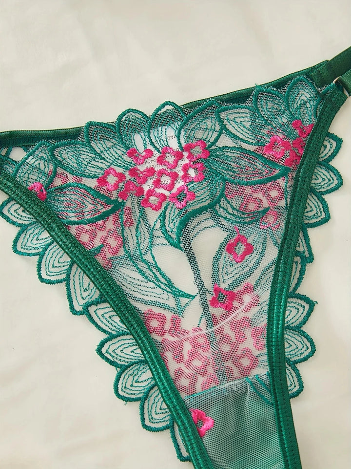 Floral Embroidery Lingerie Set | Sexy Green Mesh 2-Piece for Women