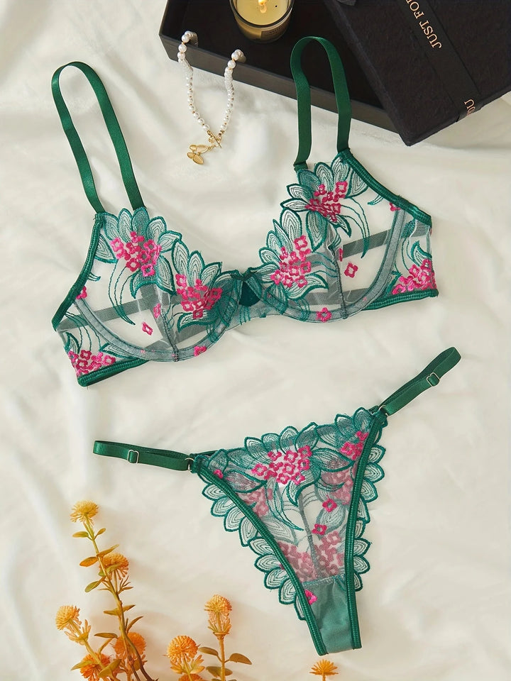 Floral Embroidery Lingerie Set | Sexy Green Mesh 2-Piece for Women