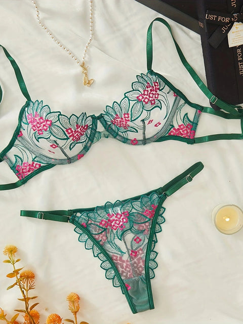 Floral Embroidery Lingerie Set | Sexy Green Mesh 2-Piece for Women