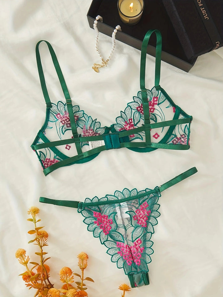 Floral Embroidery Lingerie Set | Sexy Green Mesh 2-Piece for Women
