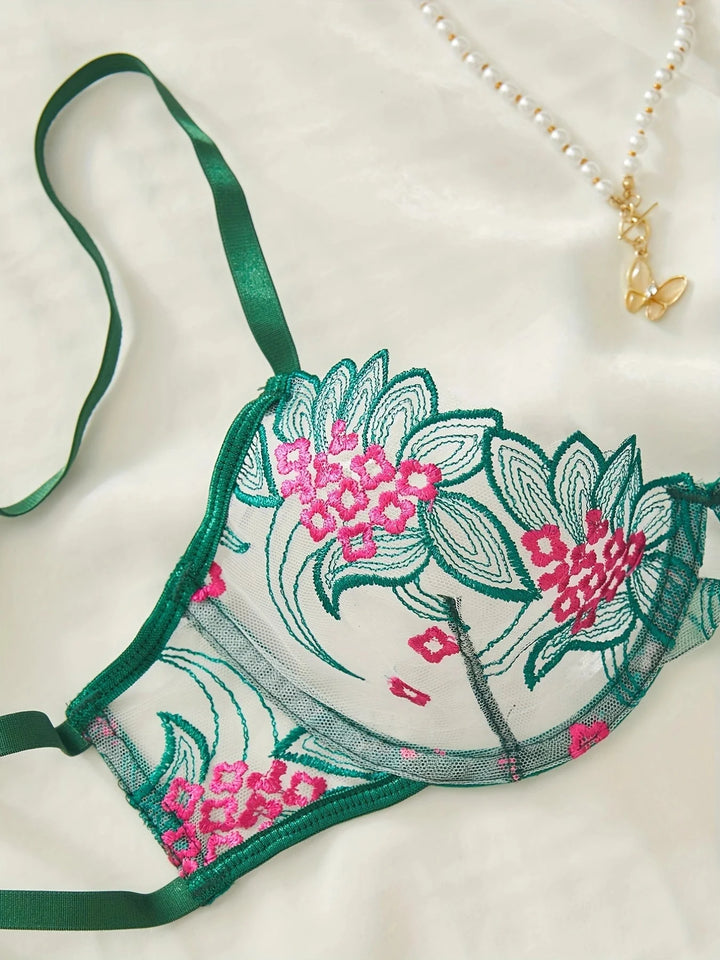 Floral Embroidery Lingerie Set | Sexy Green Mesh 2-Piece for Women