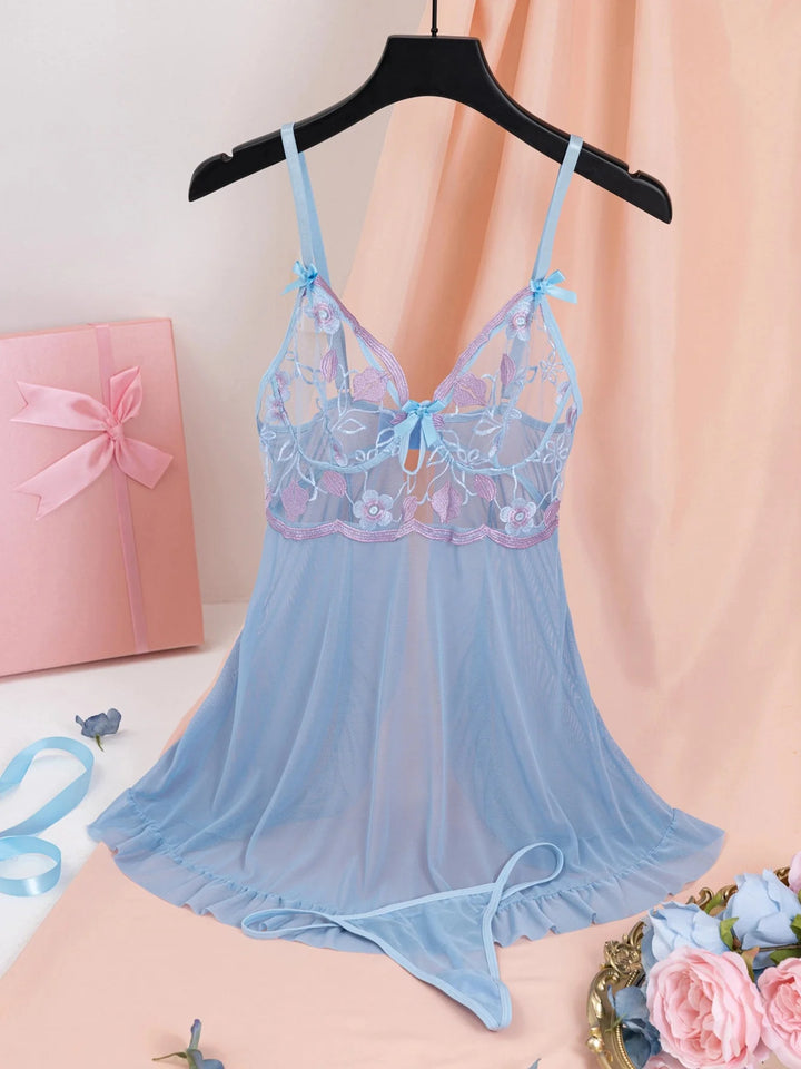 Floral Embroidery Mesh Night Dress with Deep V Split