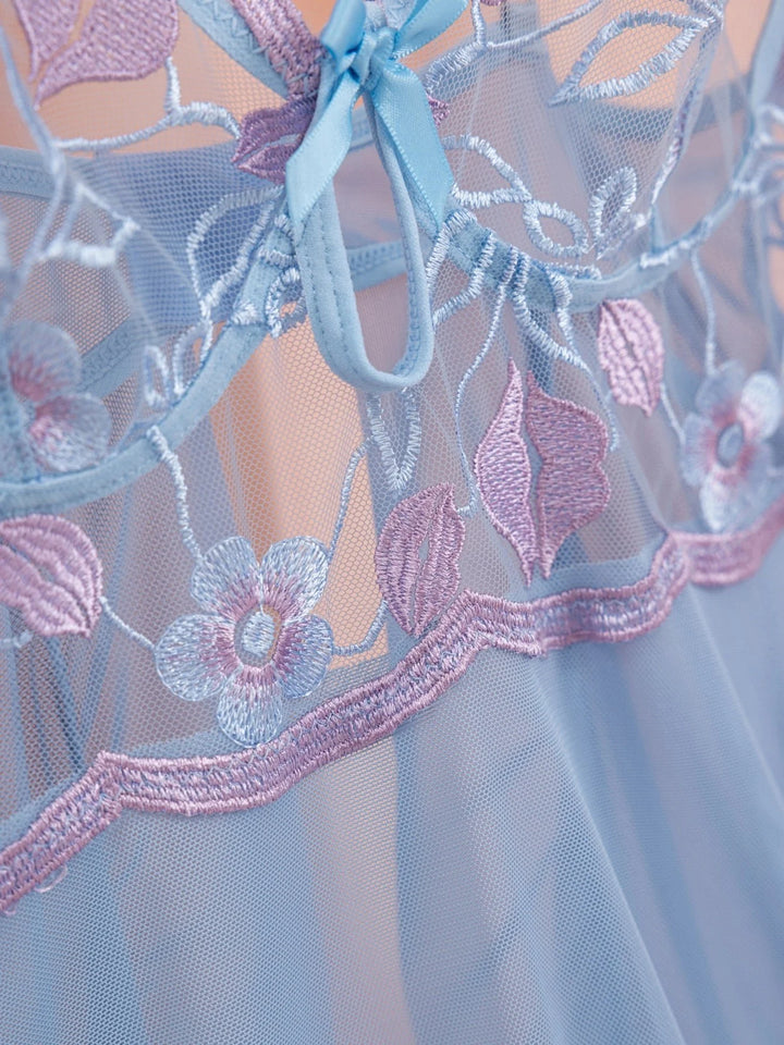 Floral Embroidery Mesh Night Dress with Deep V Split