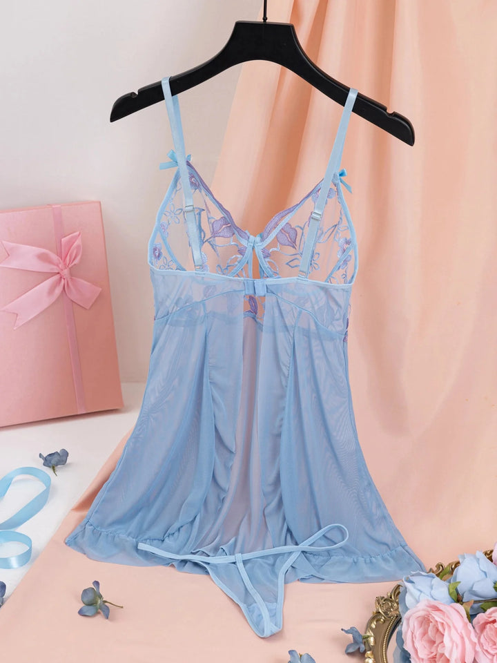 Floral Embroidery Mesh Night Dress with Deep V Split