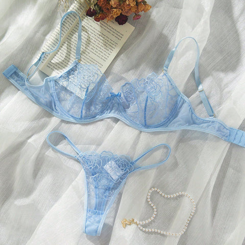 Floral Lace Underwire Lingerie Set | Sexy Embroidered Bra and V-String Panty