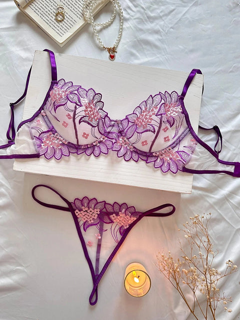 Sheer Floral Lace Lingerie Set | Embroidered Mesh Bra and Thong for Women