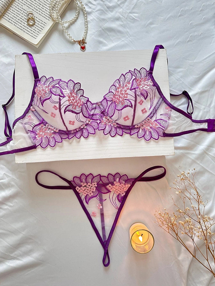 Sheer Floral Lace Lingerie Set | Embroidered Mesh Bra and Thong for Women