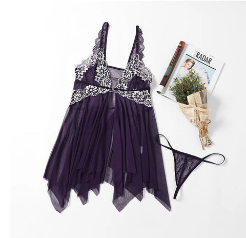 V-Neck Lace Lingerie Set with Open Front Nightie