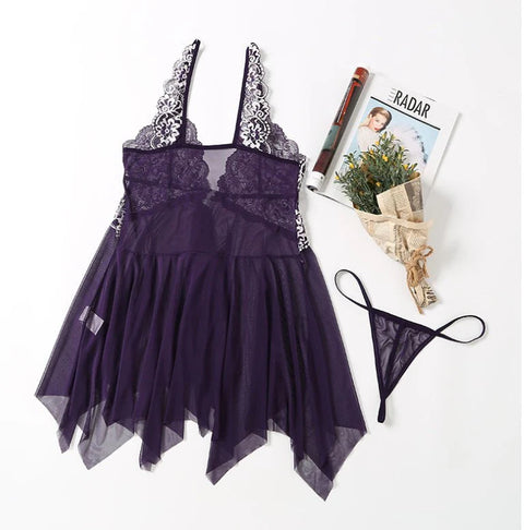 V-Neck Lace Lingerie Set with Open Front Nightie