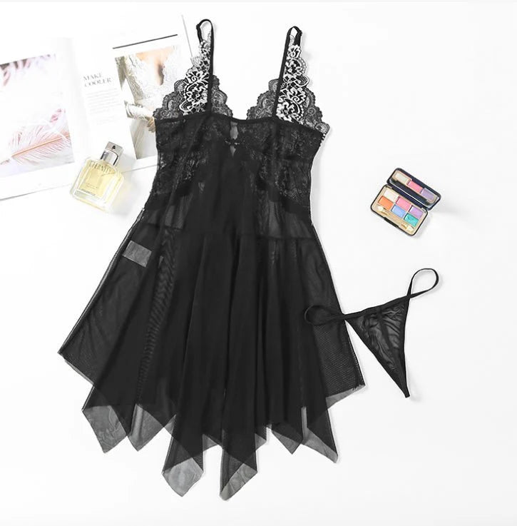 V-Neck Lace Lingerie Set with Open Front Nightie