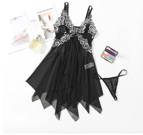 V-Neck Lace Lingerie Set with Open Front Nightie