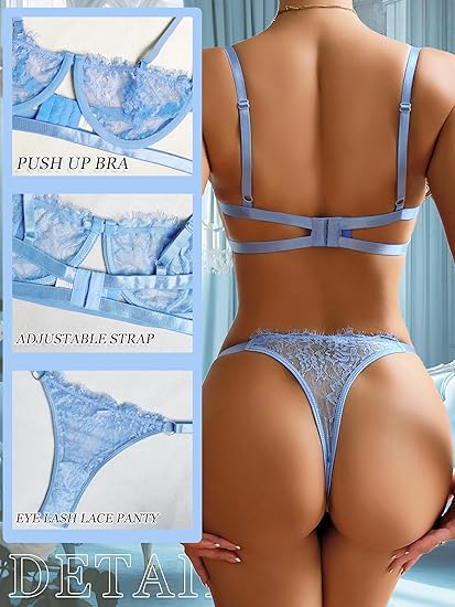 Women's Eyelash Lace Bra and Panty Set | Sheer Mesh Lingerie | 2-Piece Push Up Bralette Underwear Set